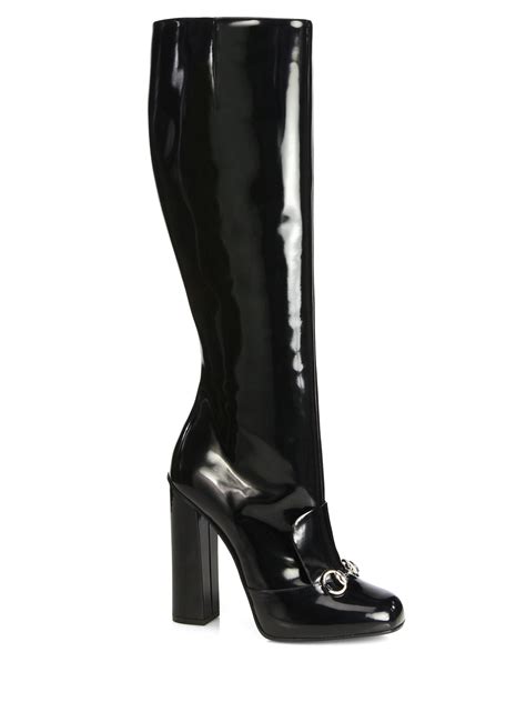 gucci black patent print boots|gucci high heel boots.